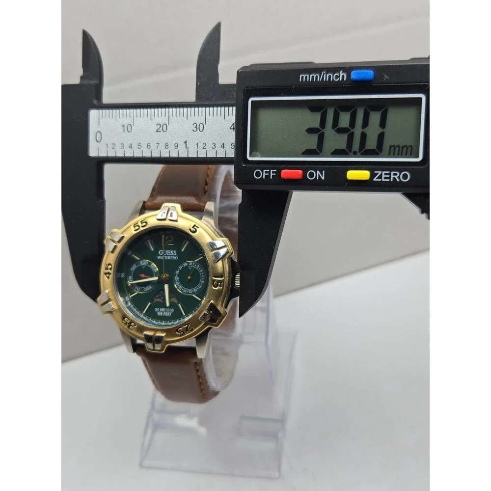 Guess Waterpro Mens Watch 39mm Moonphase Day Date Green Dial Vtg 50m New Battery